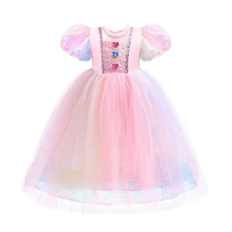 Meerjungfrau Prinzessin Kleid Mädchen Pailletten Perlen Puffärmel – Faschingskostüm Halloween Cosplay