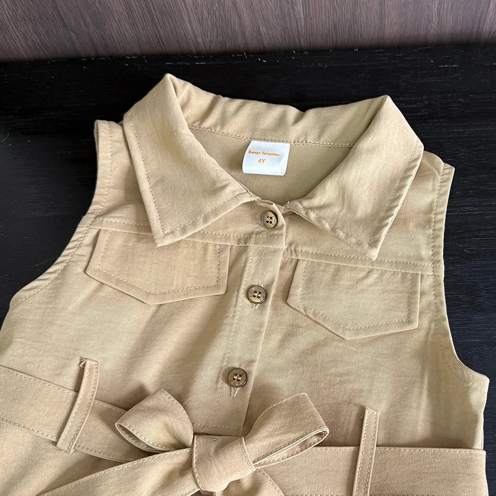 Robe Fille Été Sans Manches Couleur Unie – Tenue Casual Chic avec Ceinture Enfant