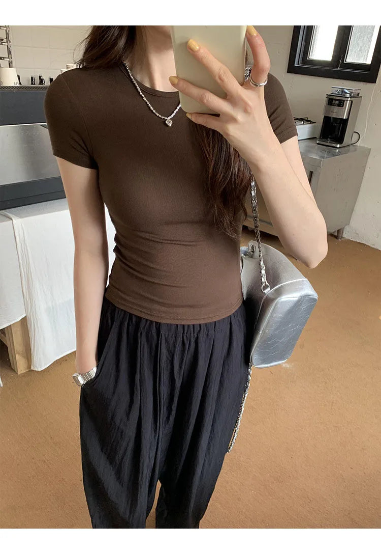 Crop Top Basique Uni Femme – Manches Courtes Col Rond Ajusté | Style Y2K Vintage Harajuku Streetwear