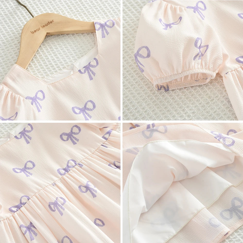 Robe Princesse Fille Manches Bouffantes Col Carré Nœud Imprimé – Tenue Casual Été 3-7 Ans