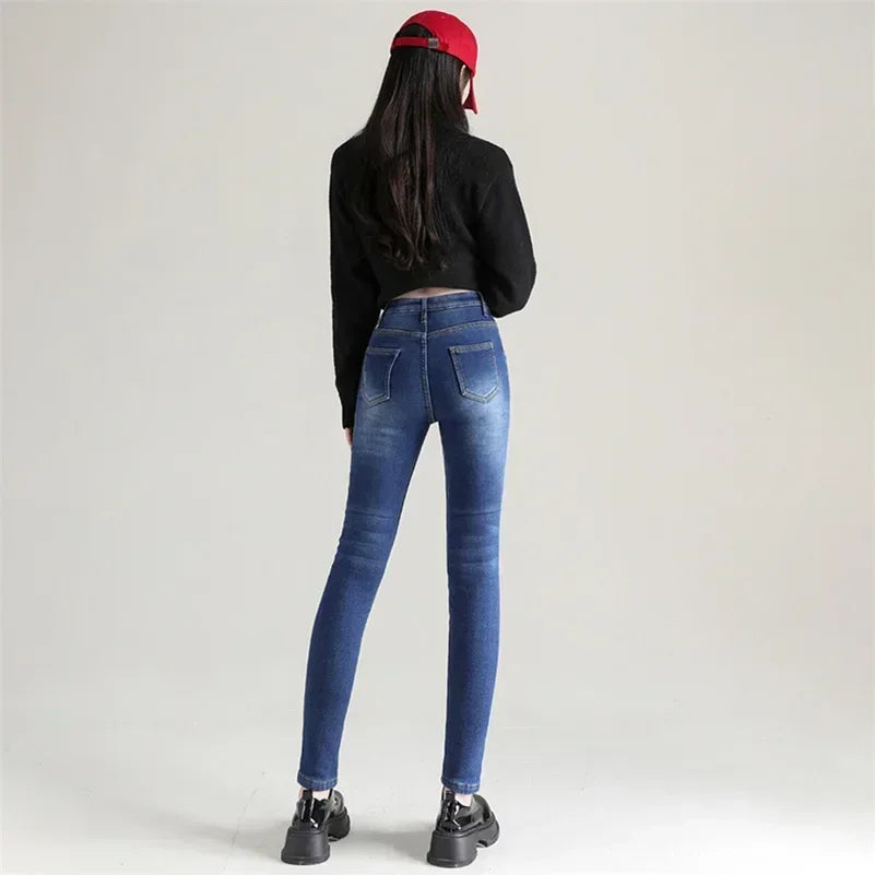 Jean Femme Thermique Skinny Taille Haute Chaud Polaire Stretch Denim – Pantalon Crayon Hiver Neige Confortable | Mode