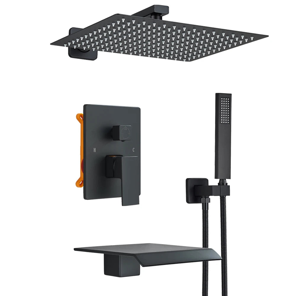 Ensemble Douche Encastré Noir Mat – 2-3 Voies, Mitigeur Caché, Pommeau Pluie | Salle de Bain Design
