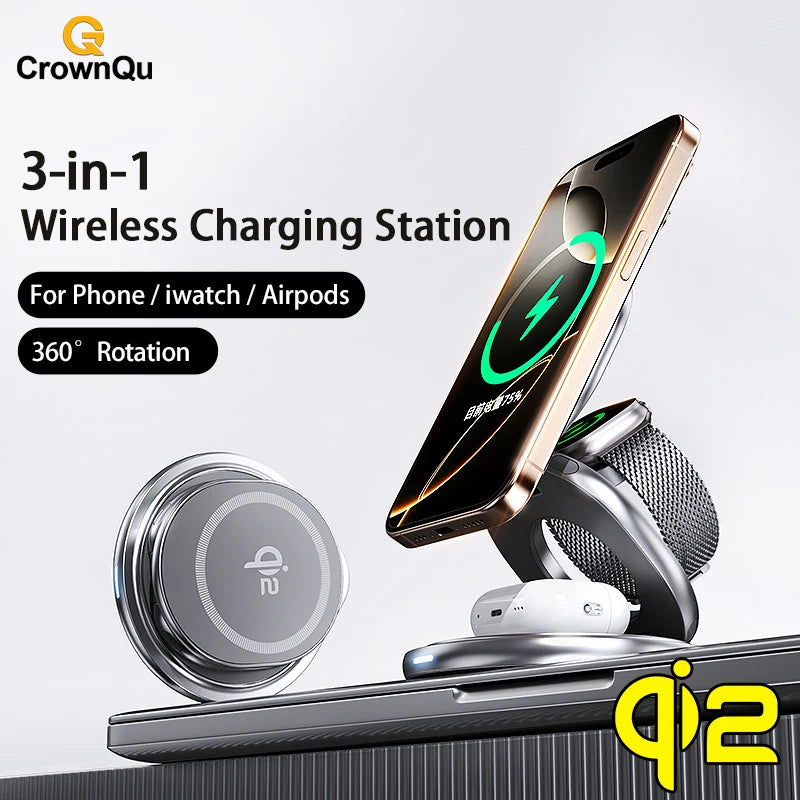 Chargeur Qi2 15W 360° Rotatif Pliable – iPhone 12-17 Pro Max Apple Watch AirPods