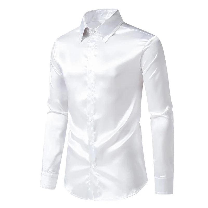 Chemise Homme Satin Noir Luxe Soie Lisse Tuxedo Mariage Soirée Prom Casual Business Bureau Élégante Couleur Unie Premium – Chemise Satin Luxe Cérémonie | Mode Homme Luxe Cérémonie Premium