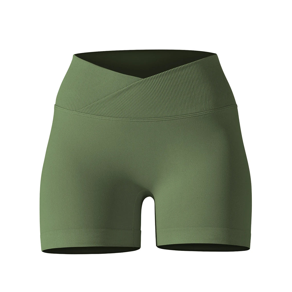 Short Yoga Femme Taille Haute Croisée Gainant Fessier Gym Running Fitness – Short Sport Sculptant Élastique | Mode Athleisure