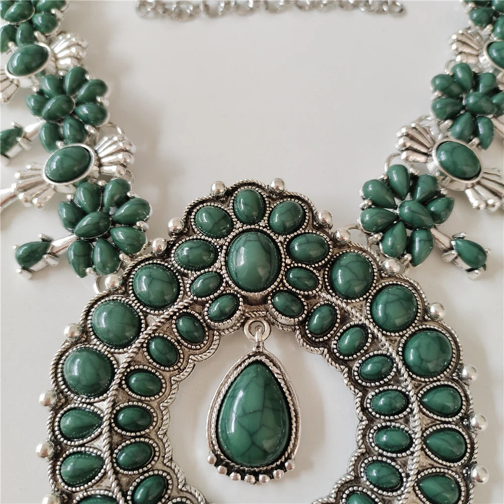Parure Collier & Boucles Boho Ethnique Turquoise Résine – Pendentif Statement Baroque Retro | Style Indien Vintage | Bijou Femme Tendance 2026