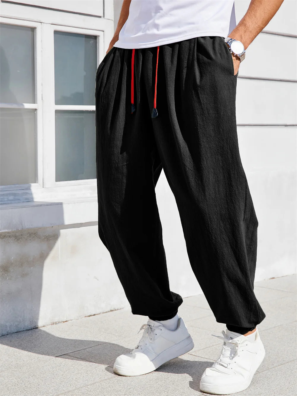 Herren Sarouel Hose Leinen Baumwolle Chinesischer Stil Loose Fit Einfarbig – Bequeme Jogger Hohe Qualität Casual | Herrenmode Zen