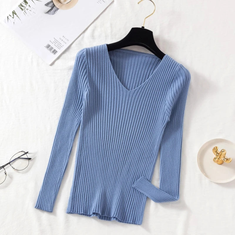 Pull Femme Col V Tricoté Manches Longues Casual Uni Basique – Sweater Chaud Confortable Automne Hiver | Mode Intemporelle