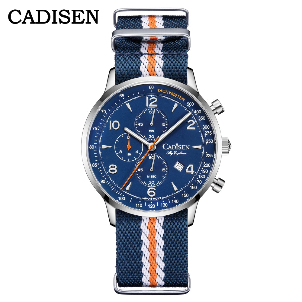 Montre Homme Luxe CADISEN Chronographe Quartz Japonais MIYOTA Bracelet Toile – Étanche Fashion