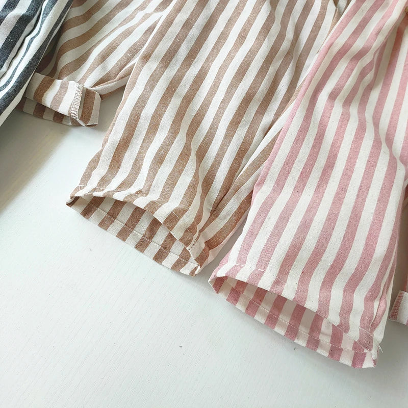 Short Lin Coton Enfant Rayures – Pantalon Court Casual Vintage Ample Garçon Fille Été