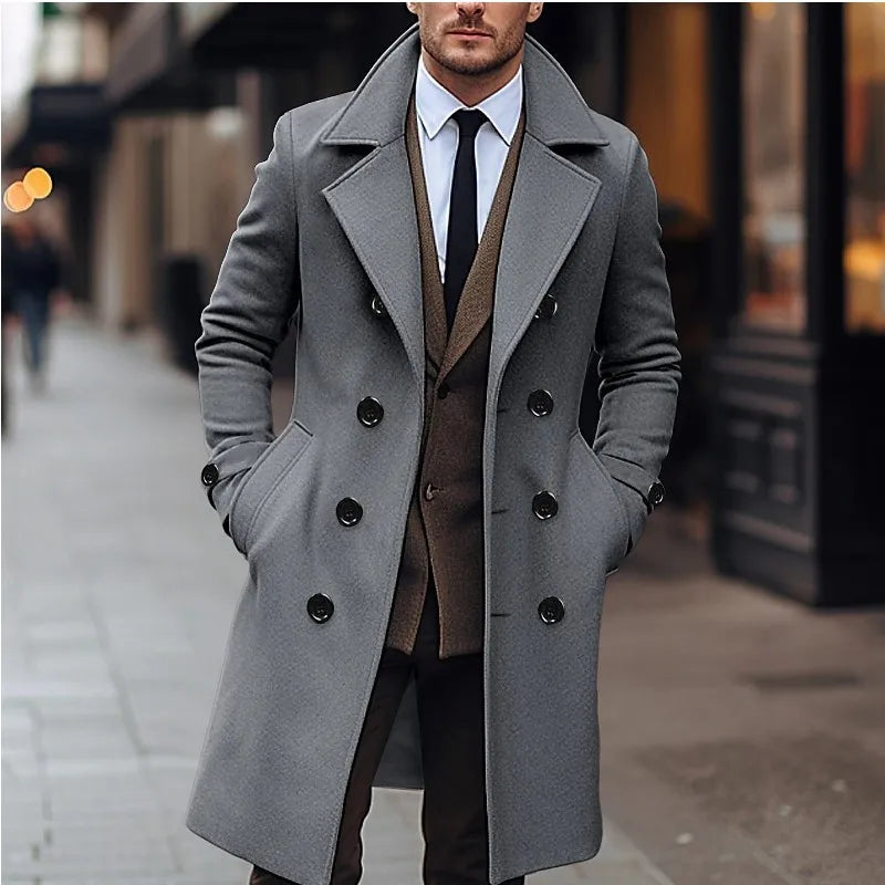 Manteau Homme Laine Double Boutonnage Long Trench Business Casual Style Anglais Élégant Automne Hiver Chaud Raffiné Premium – Manteau Laine Luxe Style Britannique | Mode Homme Luxe Hiver Premium