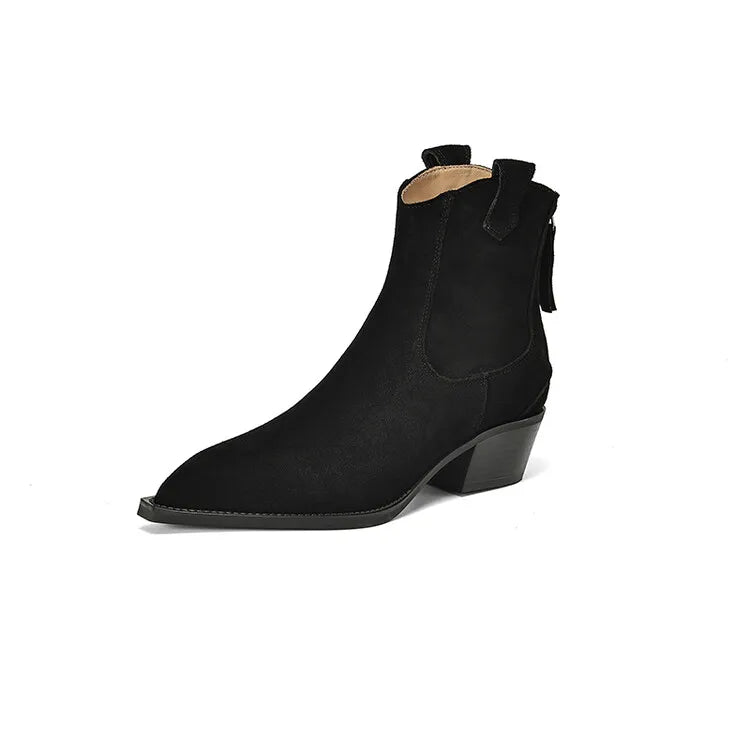 Bottes Suède Vache Chunky Heel Western Femme – Bout Pointu Noir Zip Concis Automne