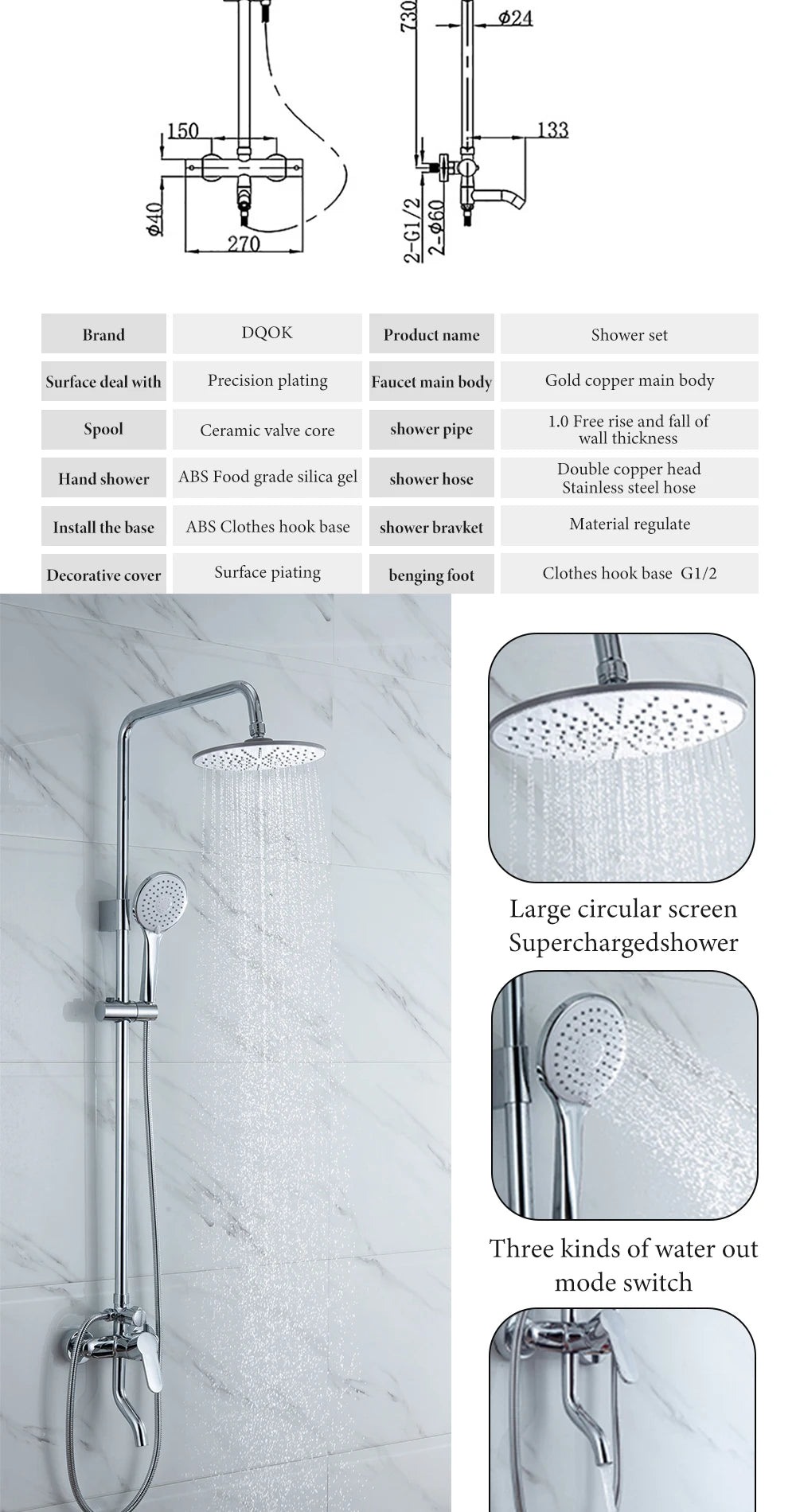 DQOK Ensemble Douche Thermostatique Chrome – Cascade & Pluie, Mitigeur Baignoire | Système Douche Complet