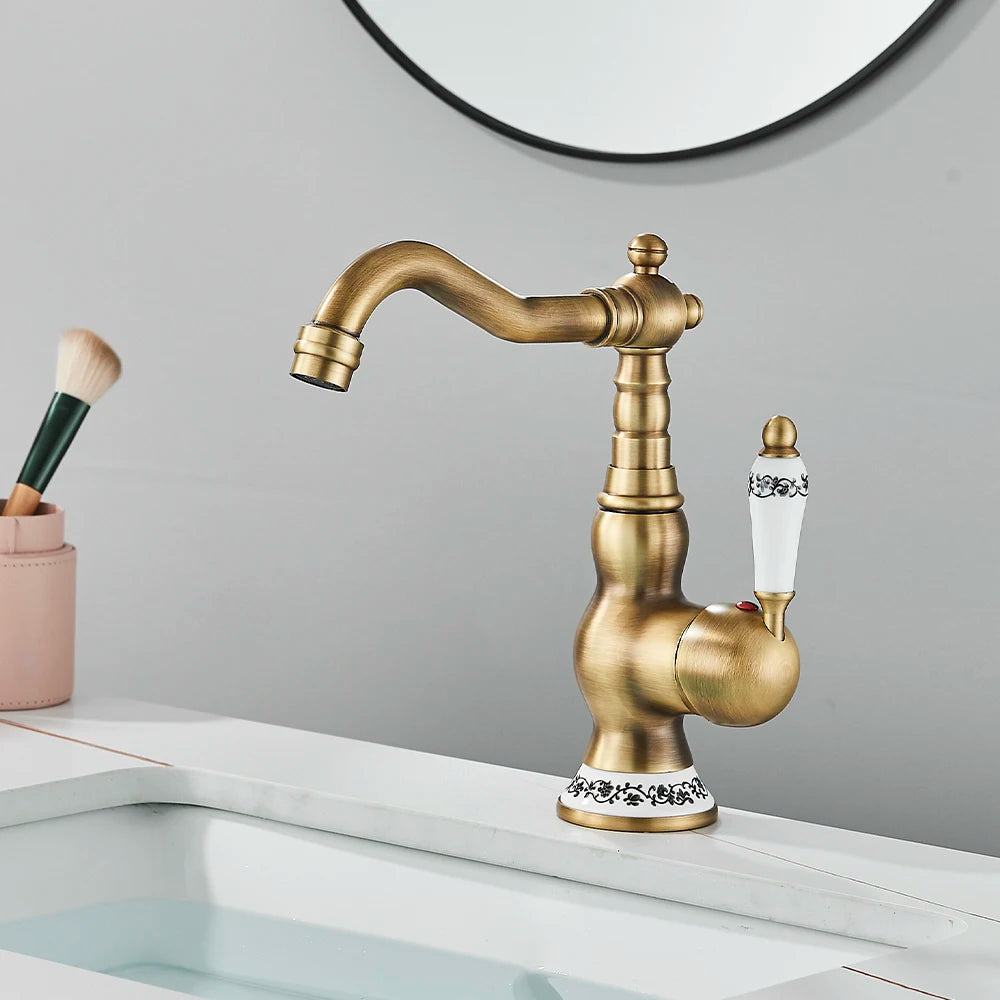 Robinet Laiton Antique Mono-Trou – Poignée Céramique Pivotante, Mitigeur Eau Chaude & Froide | Cuisine & Salle de Bain