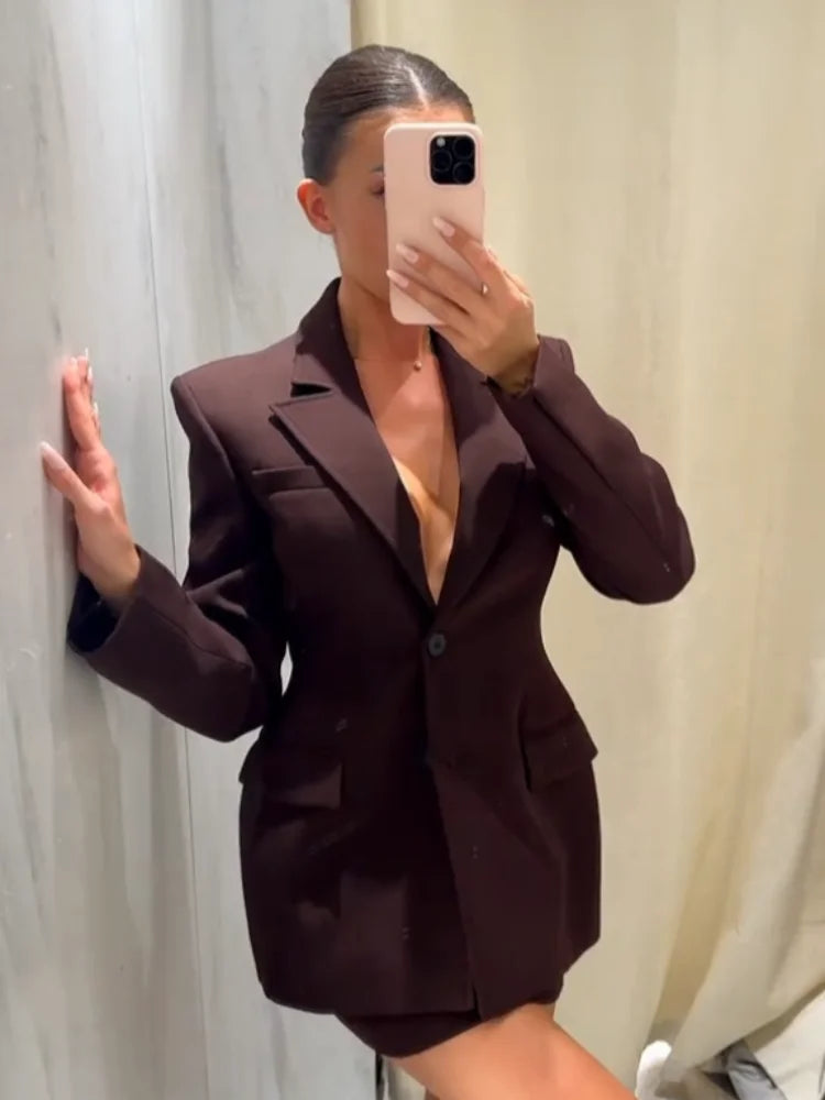 Ensemble Blazer Mini Jupe Femme Élégant – Col Revers Manches Longues Slim Uni | Tenue Bureau Chic 2025