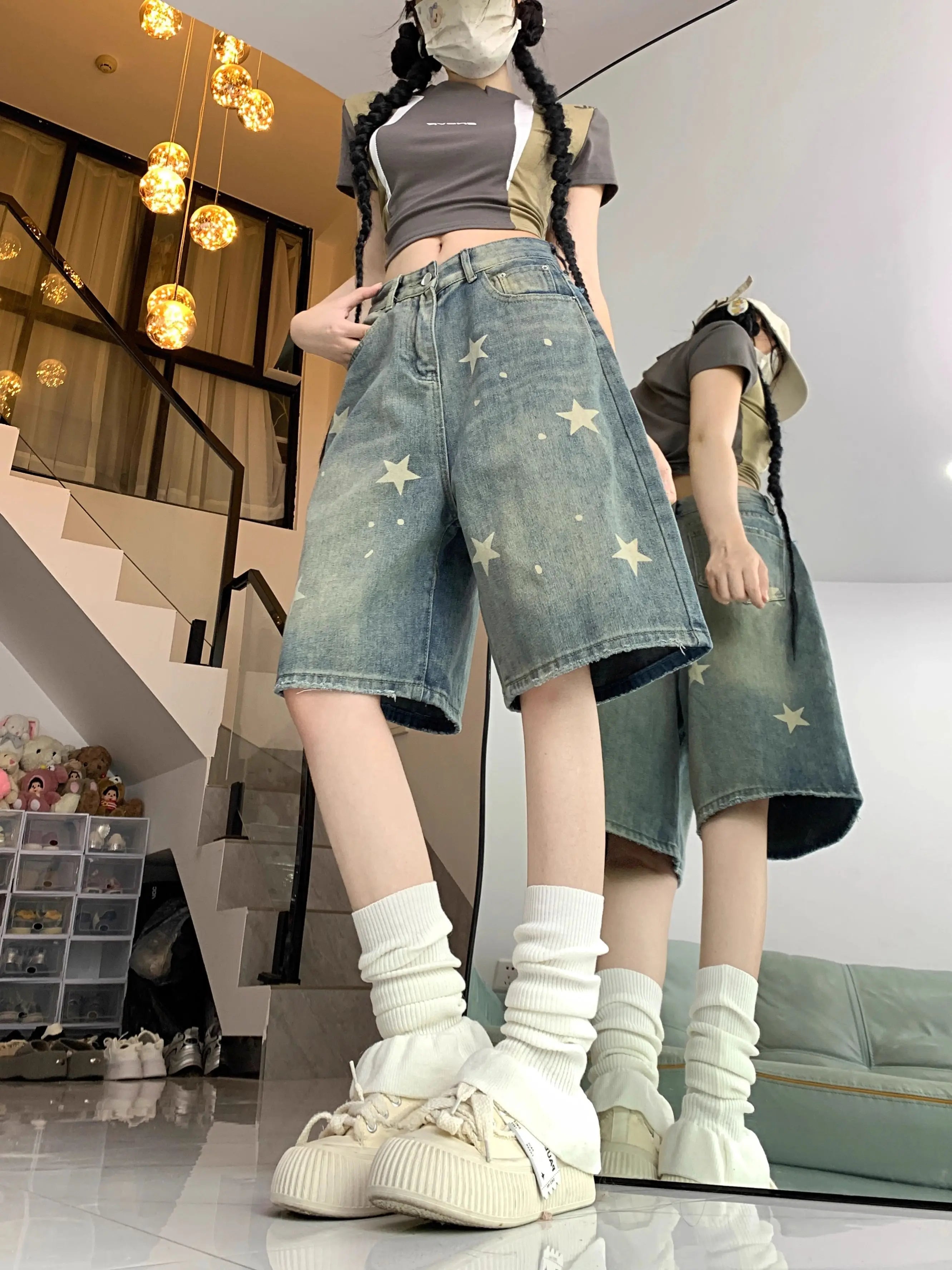 Short Jean Femme Imprimé Floral & Étoiles Style Rétro Américain – Jambe Droite Large Stretch Confortable