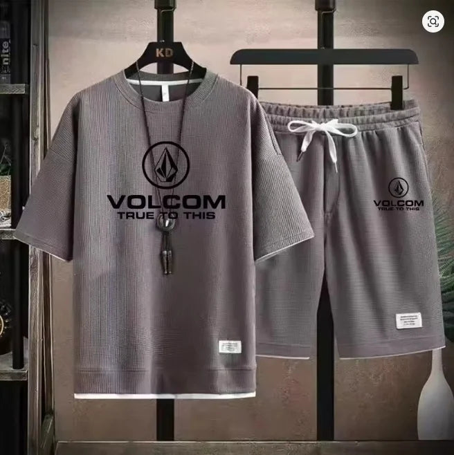 VOLCOM Ensemble T-shirt + Short Sport Homme Été – Waffle Imprimé Casual Sportswear