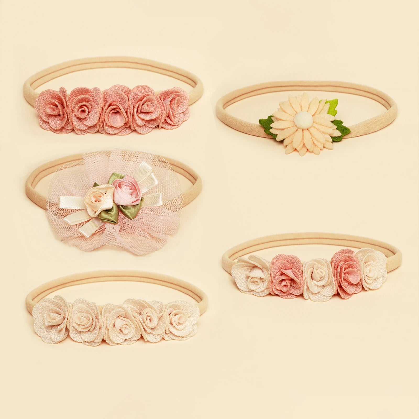 Lot 5 Bandeaux Fleurs Dentelle Rose Bébé Fille – Accessoires Cheveux Nouveau-Né Photo Mignons