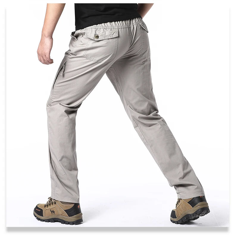 Pantalon Cargo Homme Coton Haute Qualité Multi-Poches Taille Élastique Loose – Casual Outdoor Camping Randonnée Travail Printemps Automne | Mode Homme Tactique
