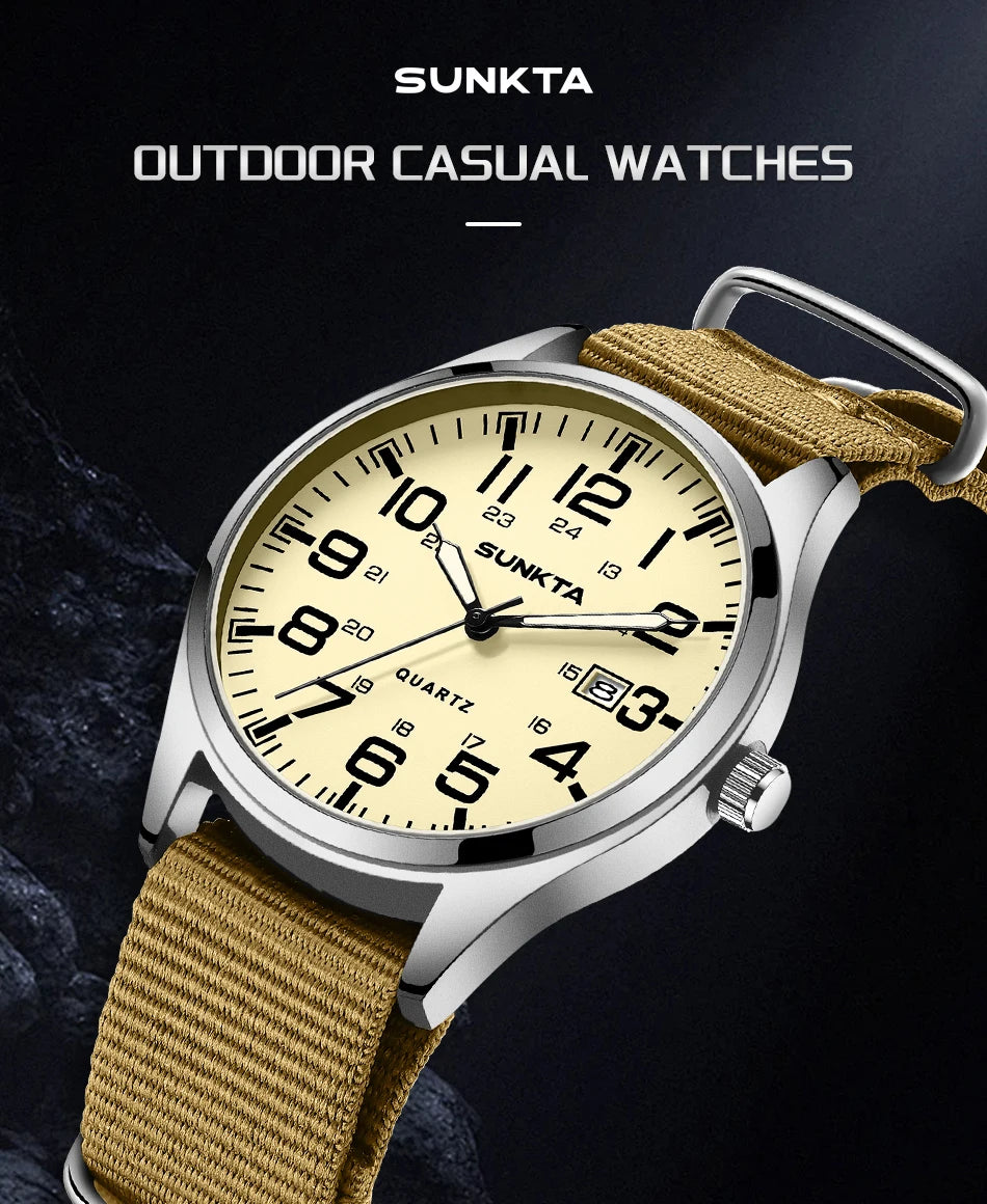Montre Homme SUNKTA Militaire Sport Luxe Quartz Date Nylon Cuir Lumineux Étanche – Fashion Tendance