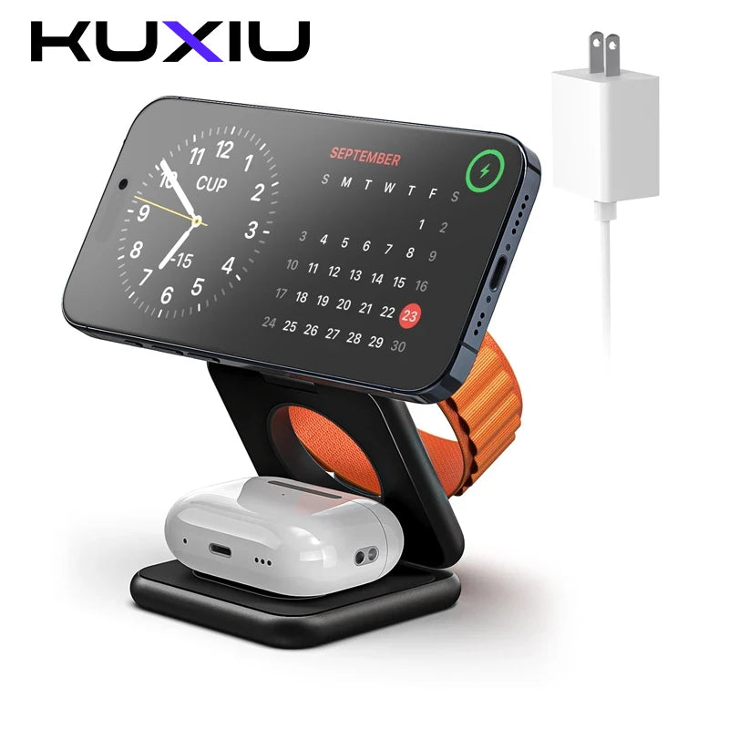 KUXIU X40 Chargeur 3-en-1 Pliable Magnétique – iPhone 17-13 AirPods 4-2 iWatch Charge Rapide