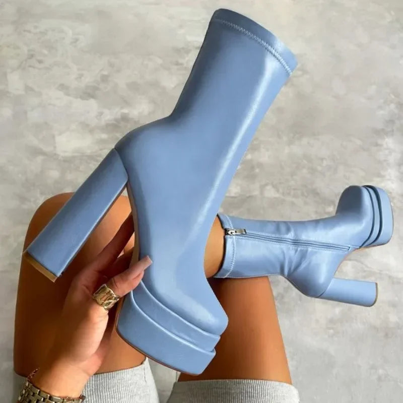 Bottines Chunky Punk Zip Plateforme Femme 2024 – Talon Haut Sexy Élastique Hiver