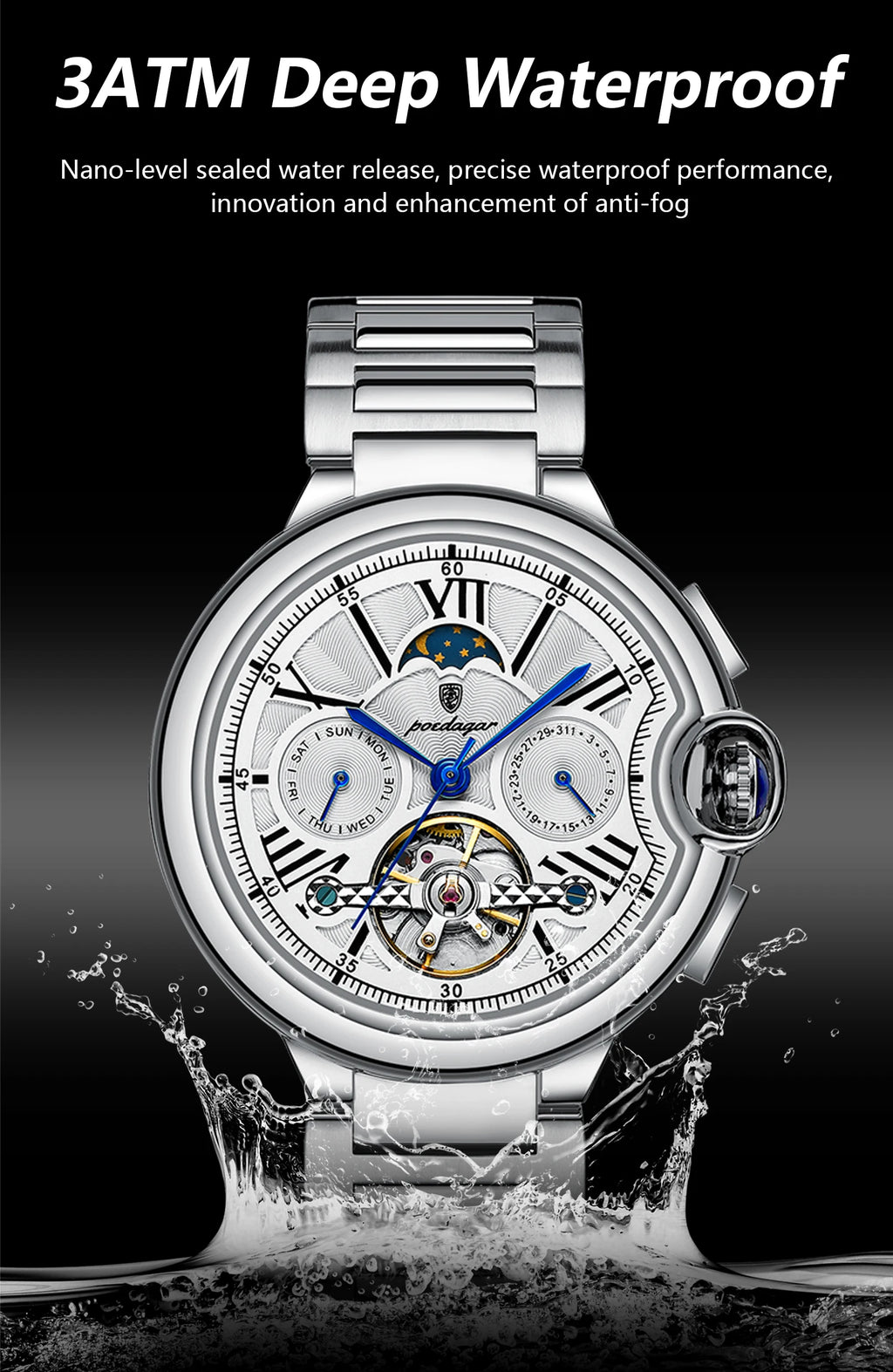 Montre Homme POEDAGAR Tourbillon Automatique Militaire – Acier Date Semaine Étanche