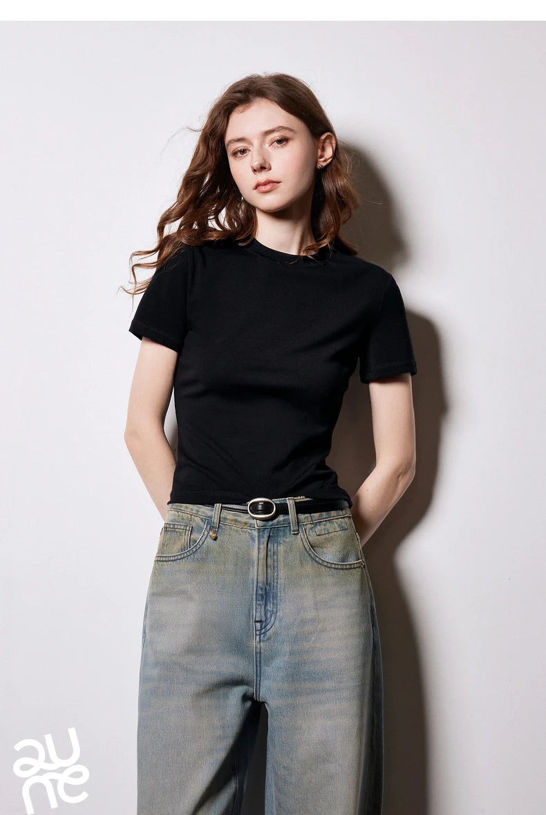 T-Shirt Lyocell Slim Fit Col Rond Manches Courtes Blanc - Basique Premium Polyvalent Printemps | TOYOUTH