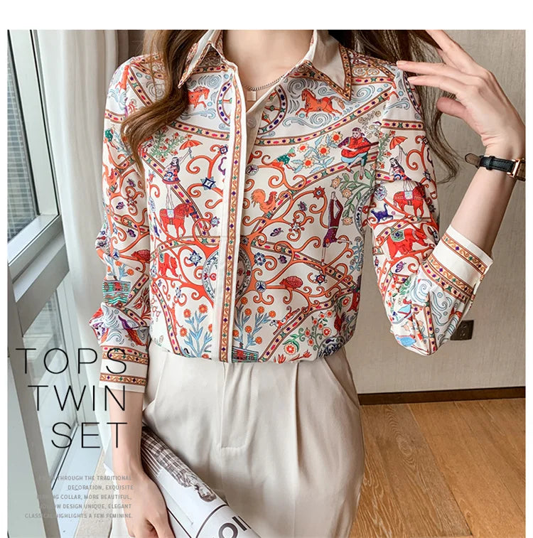 Chemisier Femme Vintage Imprimé Luxe Manches Longues Slim Élégant – Blouse Casual Chic | Automne S-3XL