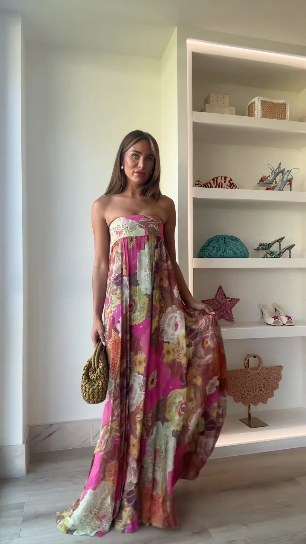 Robe Maxi Femme Imprimée Sans Bretelles Épaules Dénudées Dos Nu Sans Manches Taille Haute – Robe de Soirée Élégante | Été