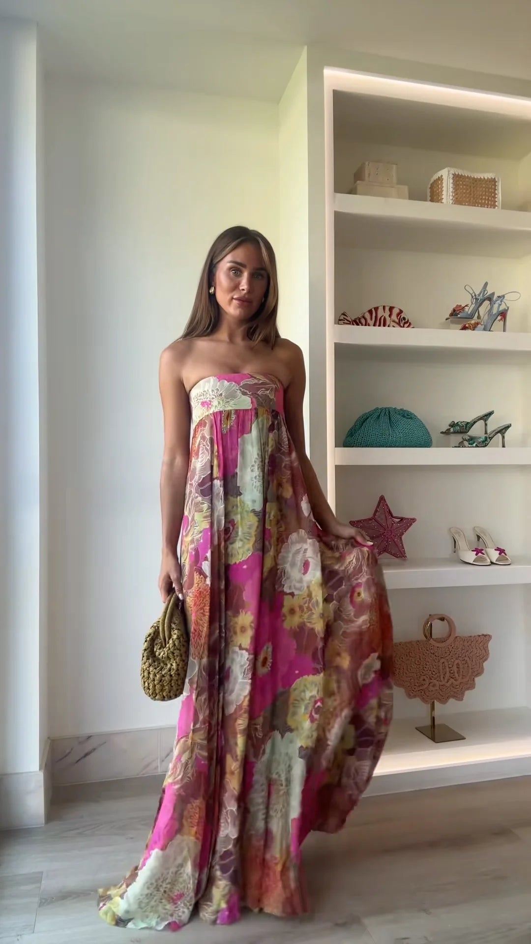 Robe Maxi Femme Imprimée Sans Bretelles Épaules Dénudées Dos Nu Sans Manches Taille Haute – Robe de Soirée Élégante | Été