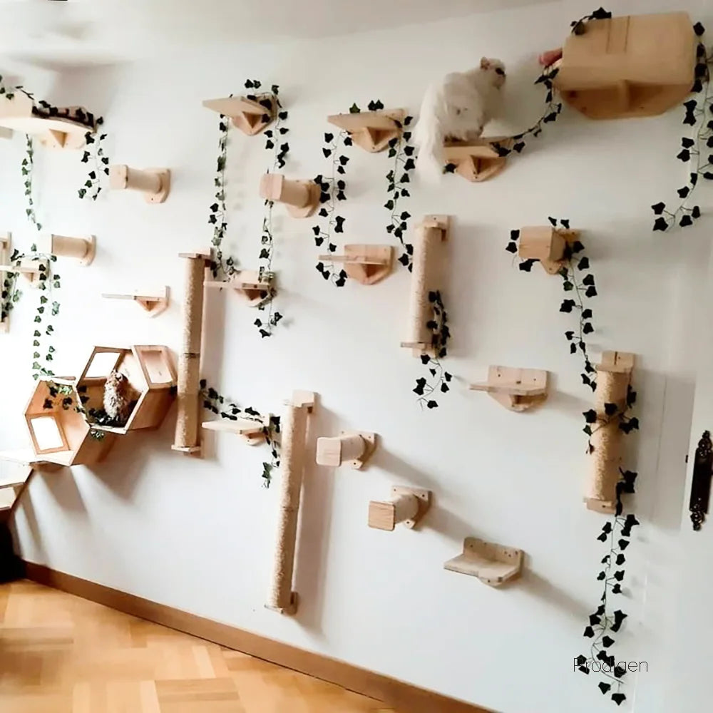 Arbre à Chat Mural Escalade Bois – Étagères Plateforme Saut Hamac Escalier | Aire de Jeux Chaton Mobilier