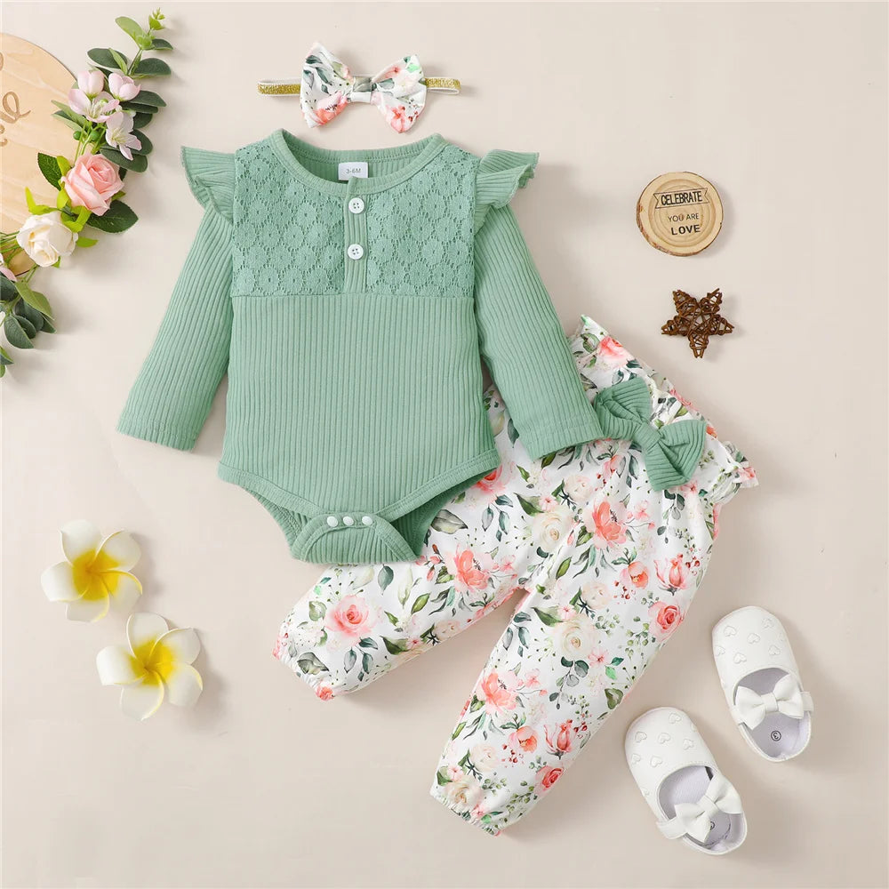 Tenue 3 Pièces Bébé Fille Fleurie – Body Manches Longues + Pantalon Fleurs + Bandeau 0-18 Mois