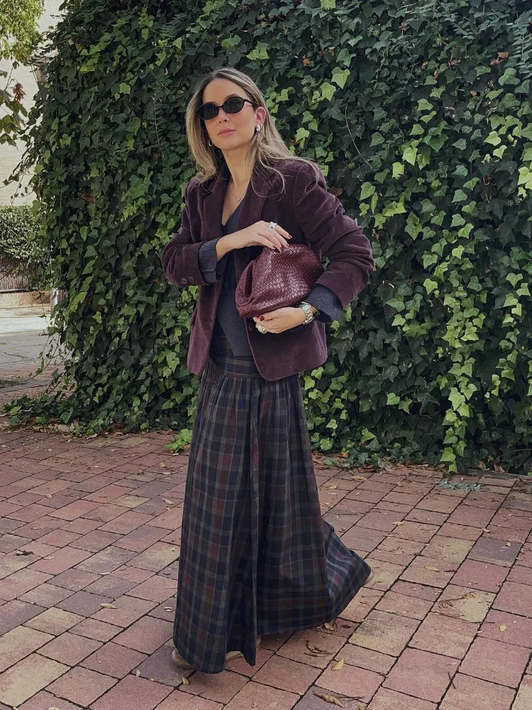 Ensemble 2 Pièces Femme Veste À Carreaux Manches Lanterne Lacets Plissée & Jupe Longue – Tenue Bureau Casual Chic Élégante | Mode
