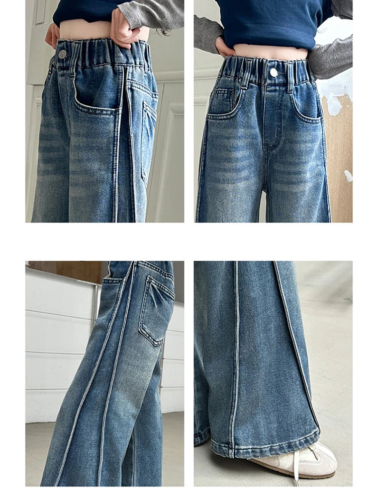Jean Large Fille Taille Haute Bleu Foncé – Pantalon Denim Jambe Large Retroussable Enfant 4-14 Ans