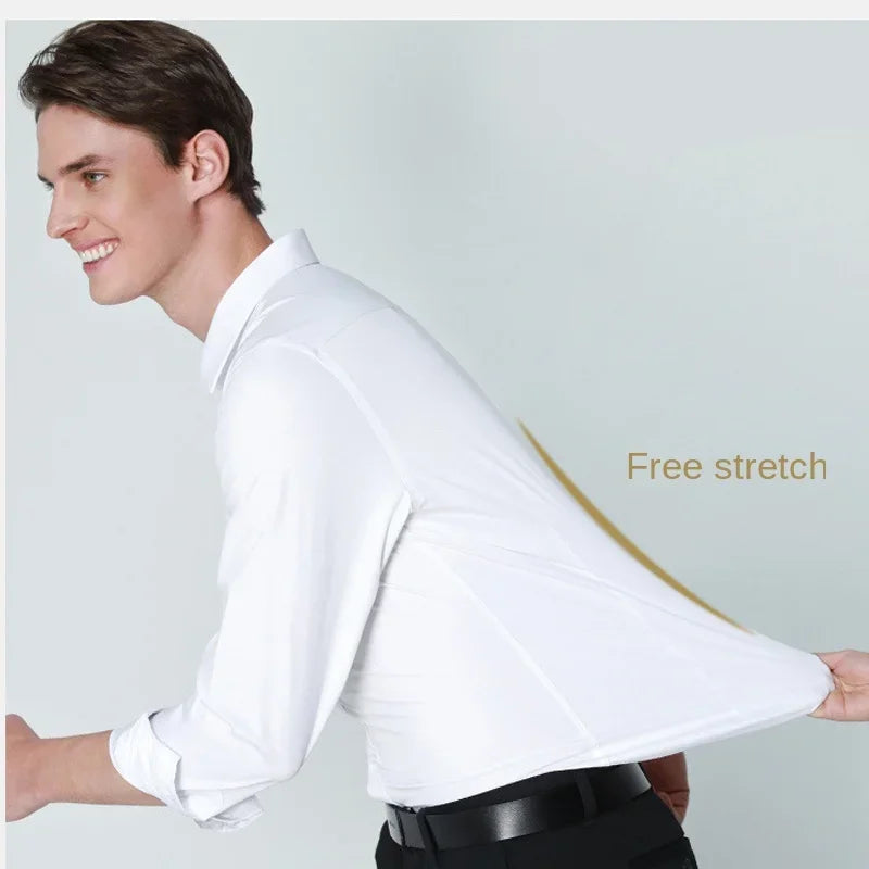 Chemise Homme Manches Longues Élastique Col Mao Sans Repassage – Tenue Professionnelle Business Dress Élégante | Mode Homme Premium
