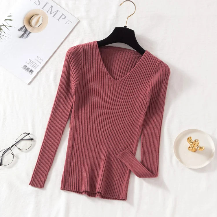 Pull Femme Col V Tricoté Manches Longues Casual Uni Basique – Sweater Chaud Confortable Automne Hiver | Mode Intemporelle