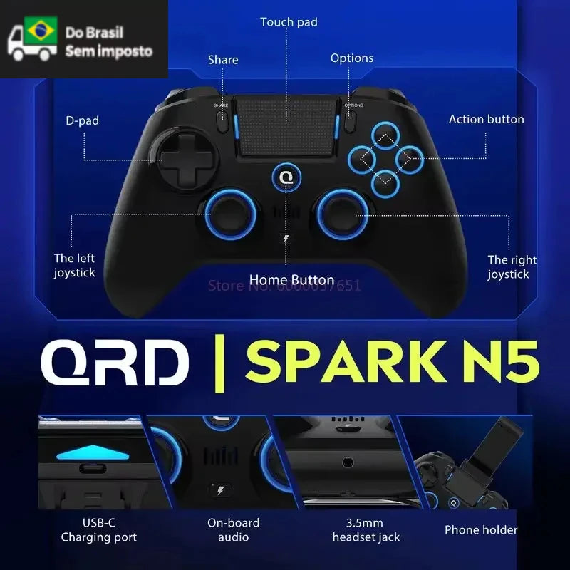 QRD Spark N5 Manette Sans Fil Bluetooth – Compatible PS4, PS3, PC, iOS & Android | Effet Hall & Vibration