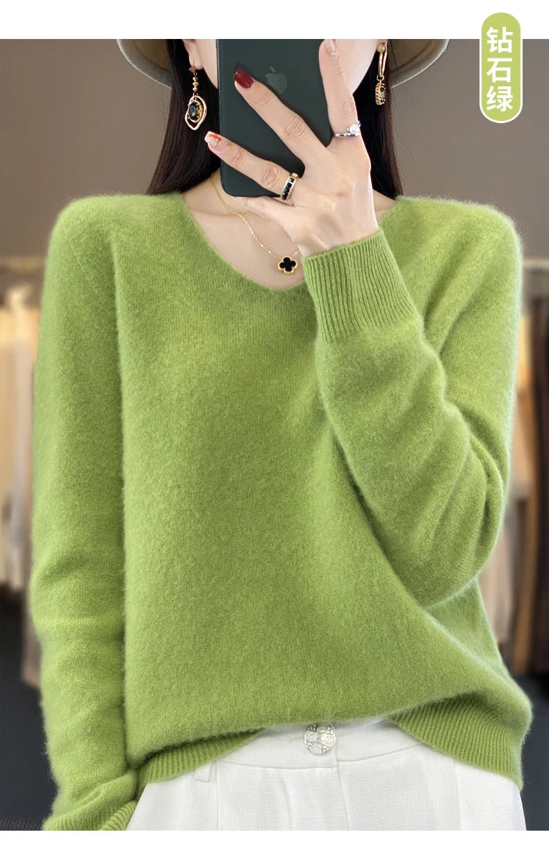 Kaschmirpullover 100% Wolle V-Ausschnitt Damen - Strick Casual Korean Fashion Herbst Winter