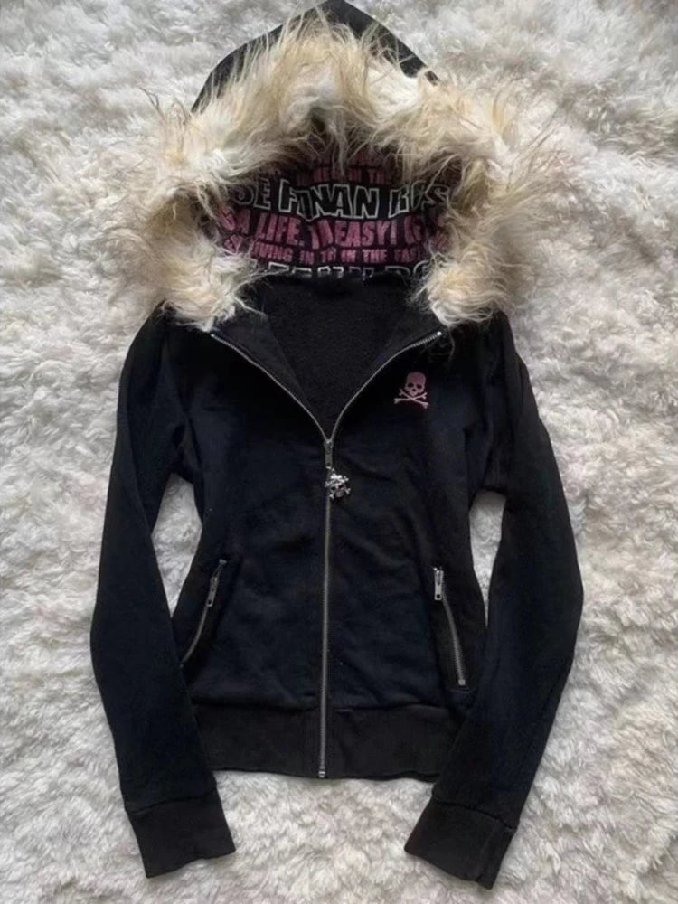 Sweat à Capuche Femme Fourrure Synthétique Rose Vintage Américain Y2K Harajuku Col Fausse Fourrure Slim Centuré – Veste Tendance Hot Girl | Mode