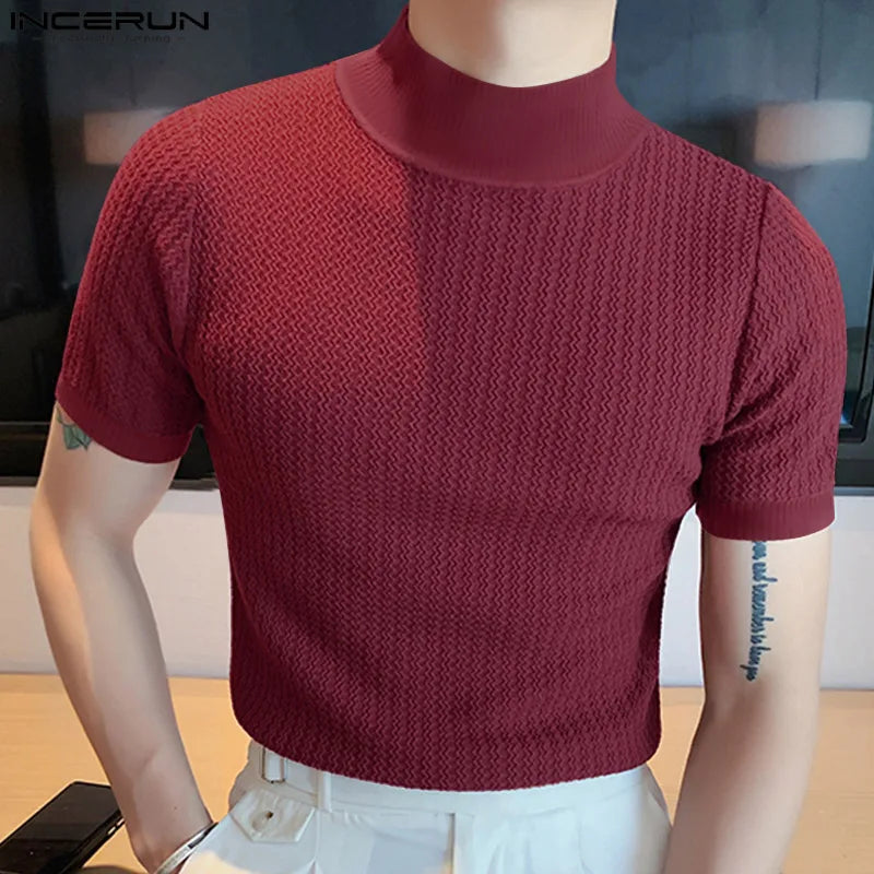 T-Shirt Homme Moulant Col Haut Texturé Couleur Unie Manches Courtes Style Coréen K-Fashion Streetwear Casual Été | Tee Shirt Col Haut K-Fashion Premium