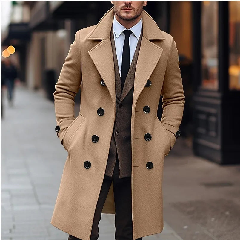 Manteau Homme Laine Double Boutonnage Long Trench Business Casual Style Anglais Élégant Automne Hiver Chaud Raffiné Premium – Manteau Laine Luxe Style Britannique | Mode Homme Luxe Hiver Premium