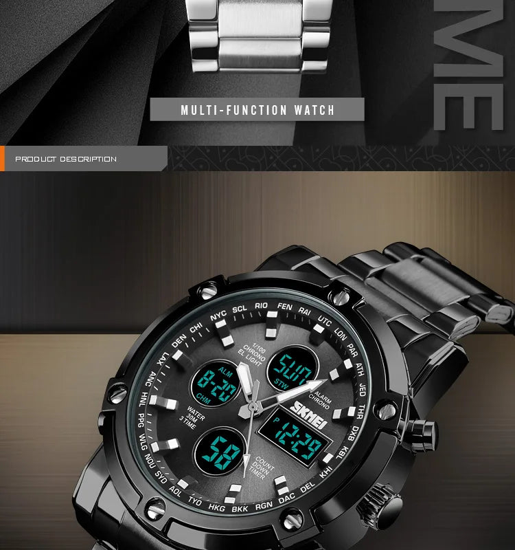 Montre Homme SKMEI Luxe Bracelet Acier 3 Fuseaux Horaires LED Sport Alarme Analogique Digitale Chronomètre | Montre SKMEI Multifonction Sport Luxe Premium