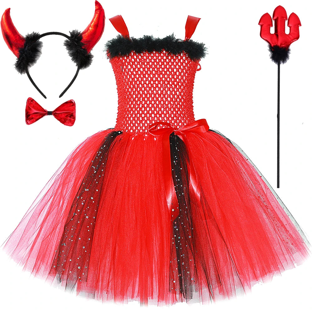 Déguisement Diablesse Rouge Fille – Robe Tutu Demon avec Ailes Cornes Trident Halloween Carnaval