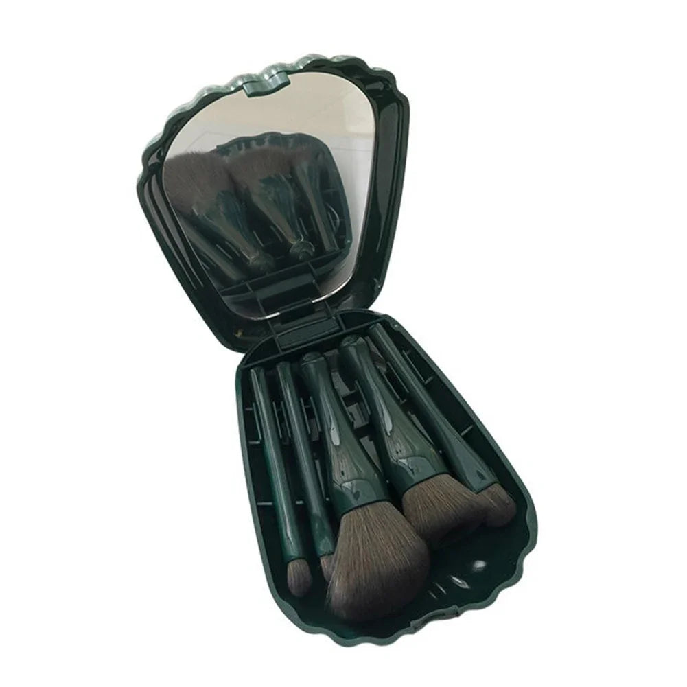 Set 5 Pinceaux Maquillage Coquillage Portable avec Miroir HD – Poils Doux, Lèvres & Retouches | Trousse Cosmétique Complète