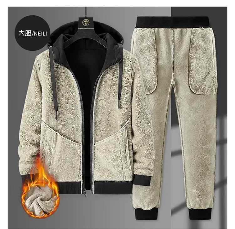Ensemble Homme Cashmere Tracksuit Hiver – Veste + Pantalon Polaire Épaisse Capuche Chaud