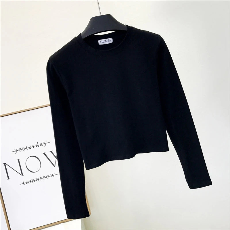 Top Femme Sexy Col Rond Manches Longues Découpe Nombril Basique – Mode Casual & Tendance | Automne