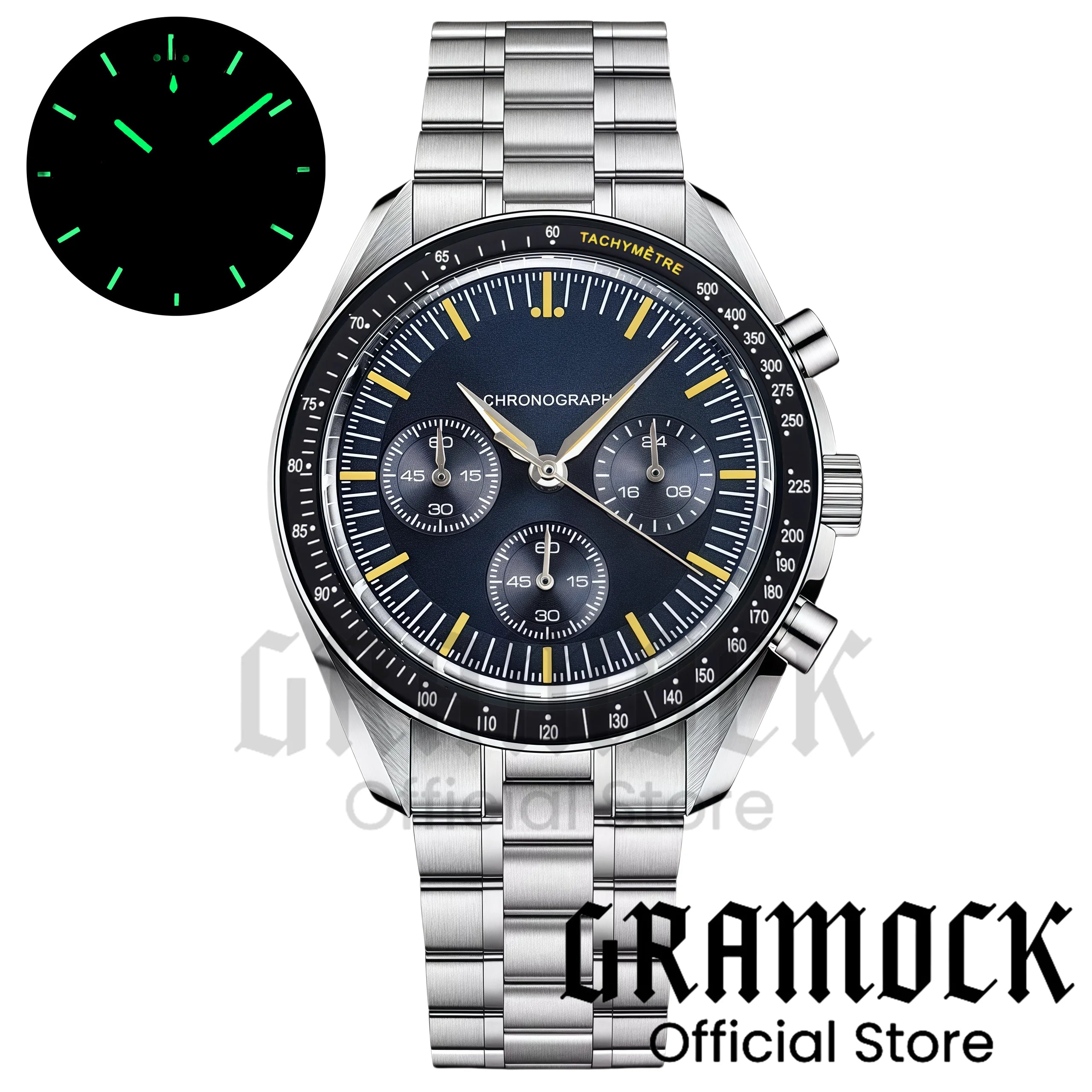 Montre Homme Gramock 40mm Quartz Moon Chronographe – Cadran Lumineux Acier Verre Minéral