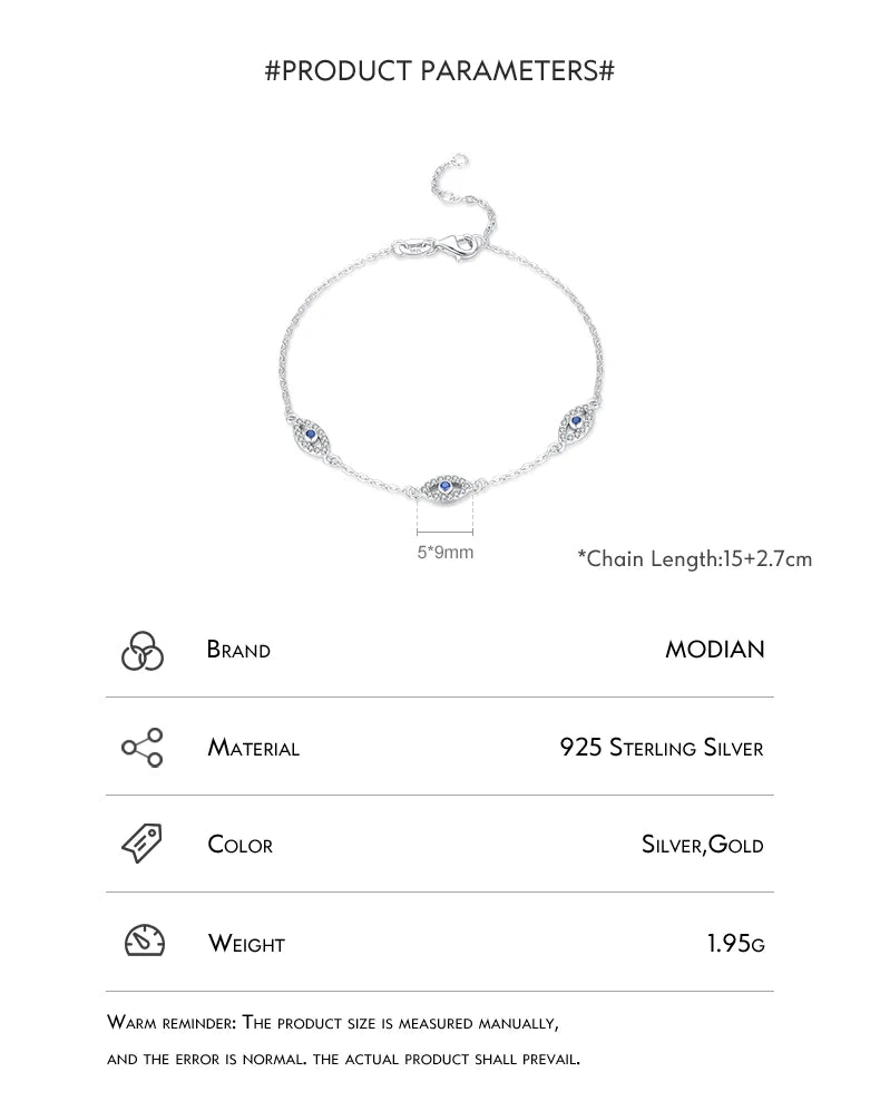 Bracelet Argent 925 Pur MODIAN Luxe – Yeux Turquoise Bleu & Zircon Cubique Cristal Transparent | Bijou Fin Femme Chaîne Maille Élégante & Hypoallergénique