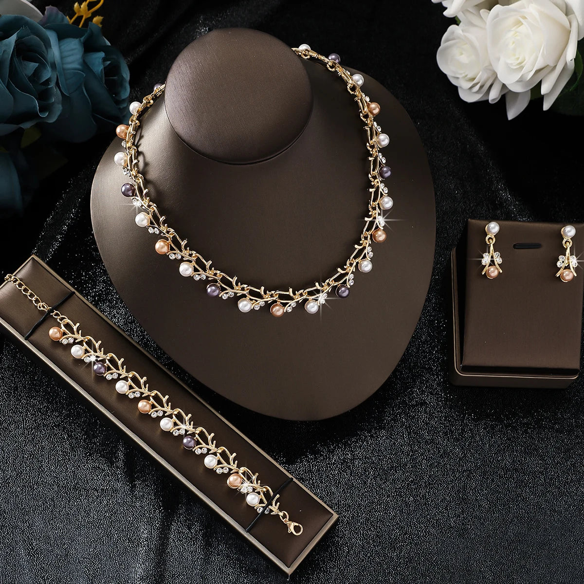 Parure Bijoux Mariage 4 Pièces Perles Strass — Collier Boucles Bracelet Mariée
